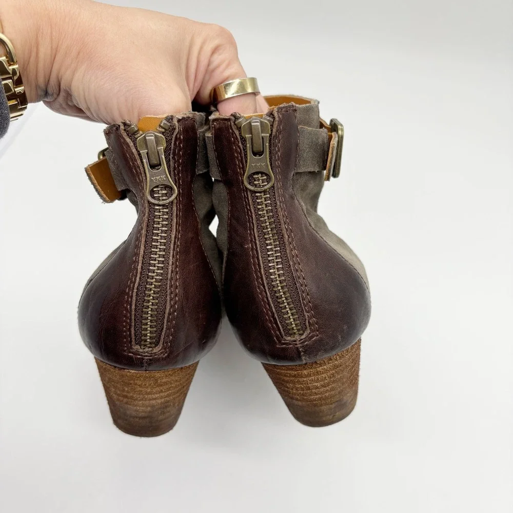Kork-Ease Maddelena Distressed Suede Ankle Boots Size 8.5 Gray Buckle Block Heel